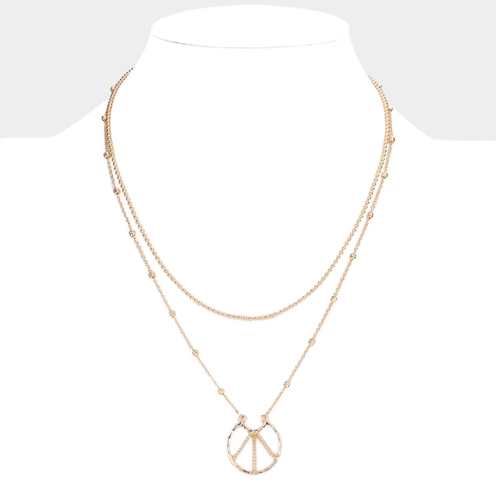 Gold Peace Sign Charm Pendant Necklace Double Layered Statement Jewelry Chain